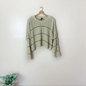 [Moon & Madison] Tan & Blue Striped Knit Cropped Baggy Oversized Sweater